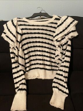 Chelsea & Violet Black and Cream Striped Ruffle Sleeve Sweater